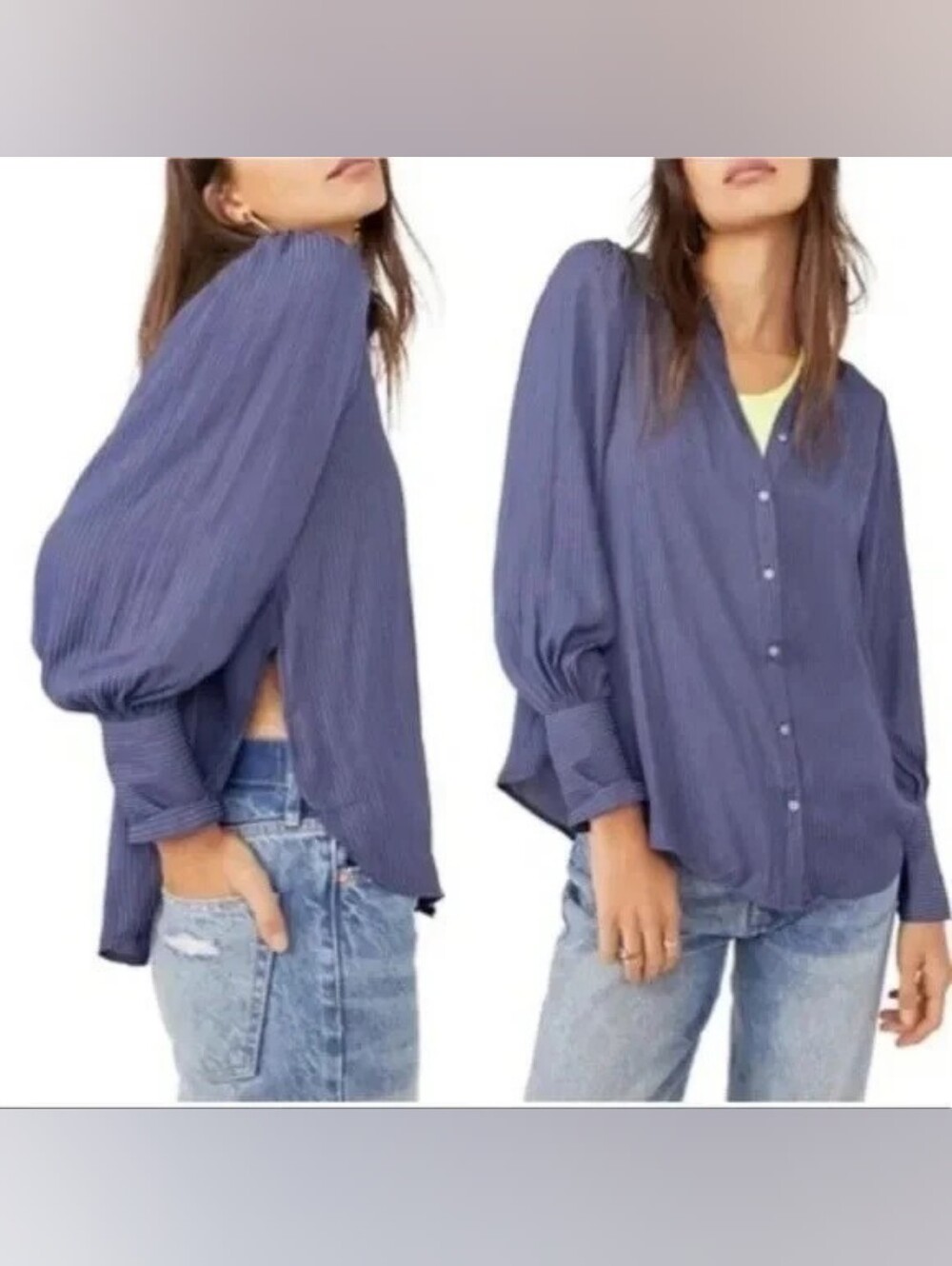 NWT Free People Serena Silky Button Down Shirt in Quarry Blue XL
